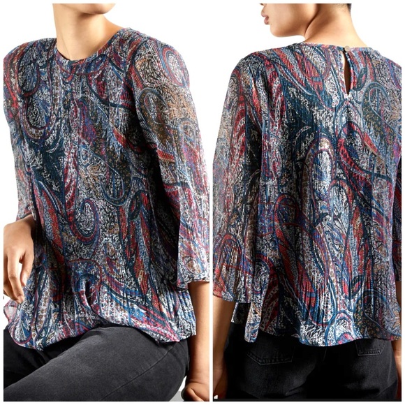 Ted Baker Paisley Pleated Flutter Sleeve Beaatha Blouse Top Size 5/Large - Picture 1 of 7